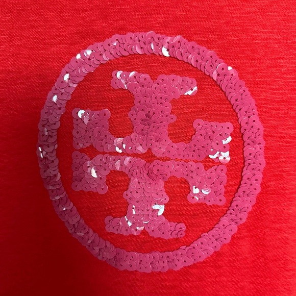 TORY BURCH | Linen Demi Short Sleeve T-Shirt | Sequin Logo | Orange Poppy Pink S - Picture 5 of 6